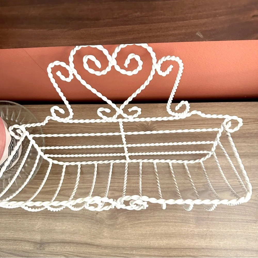 Vintage Wire Wall Basket Rustic Victorian White Heart Design Shabby Chic Planter